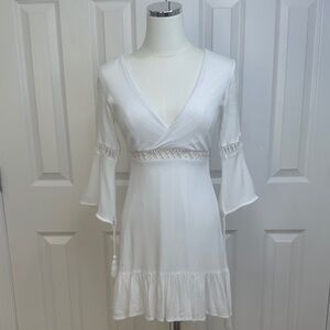 Lulus Love Letters White Skater  Crochet V-Neck Ruffle Boho Mini Dress Size XS